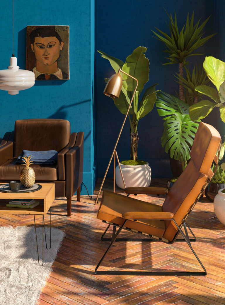 Tropical interior 3D render - living room with blue walls and wooden floor