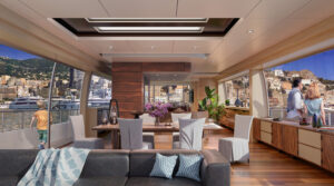 3D Yacht Interior Visualization - yacht lounge with living room and people staying outside the windows.
