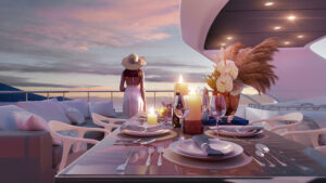 Yacht Sun Deck 3D Rendering with evening table and a woman