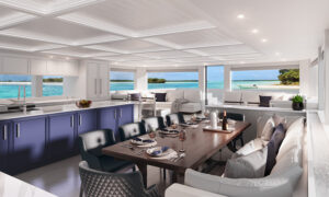 3D yacht interior visualization - white kitchen and dining room with navy blue kitchen fronts