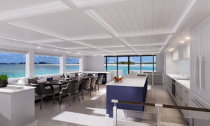 Yacht interior 3D rendering - the kitchen and dining space on the catamaran