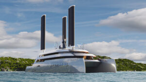 3D yacht renders on the sea with sails