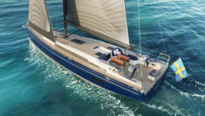 Realistic 3D sailing yacht rendering with water simulation - Arcona 50