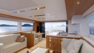 3D catamaran animation video of a living room and galley interior