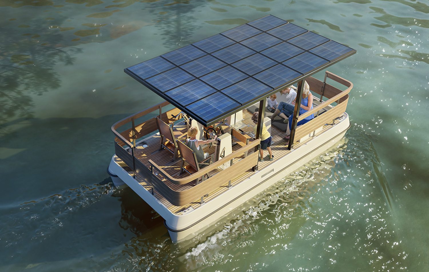Electric boat with solar panels 3D visualization - Serenity550R Fitness