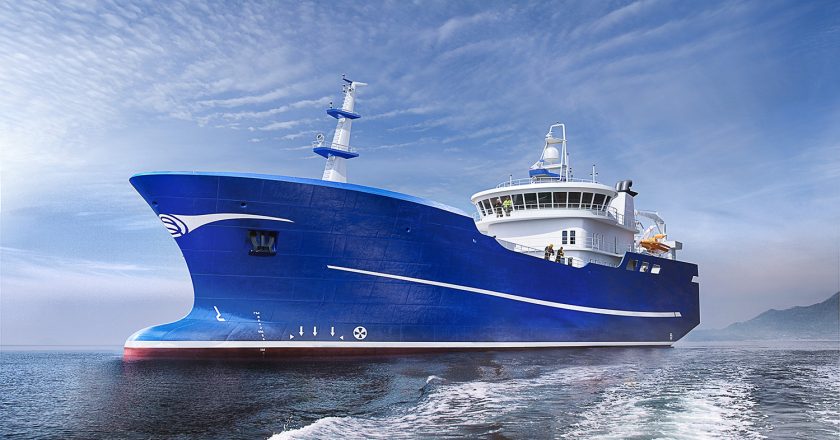 Photorealistic 3D visualization of a fishing vessel - purse seiner / pelagic trawler with a blue hull and white superstructure